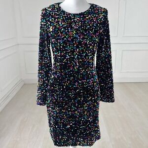 Jess Lea Womens Multicolor Sequin Long Sleeve Mini Shift Dress Black Size Medium